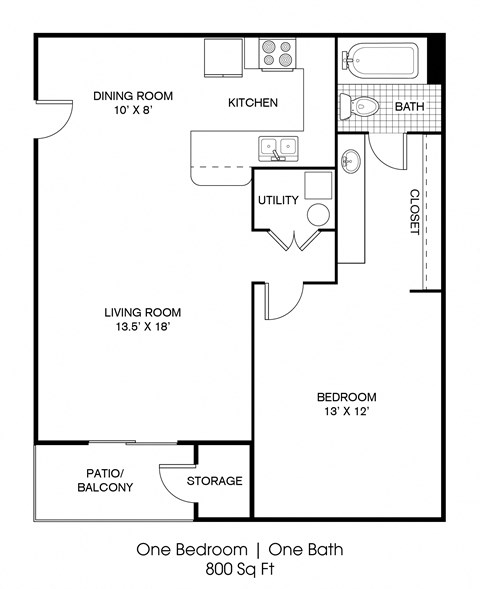 Floor plan for 1 bed, 1 bath, 800 sqft
